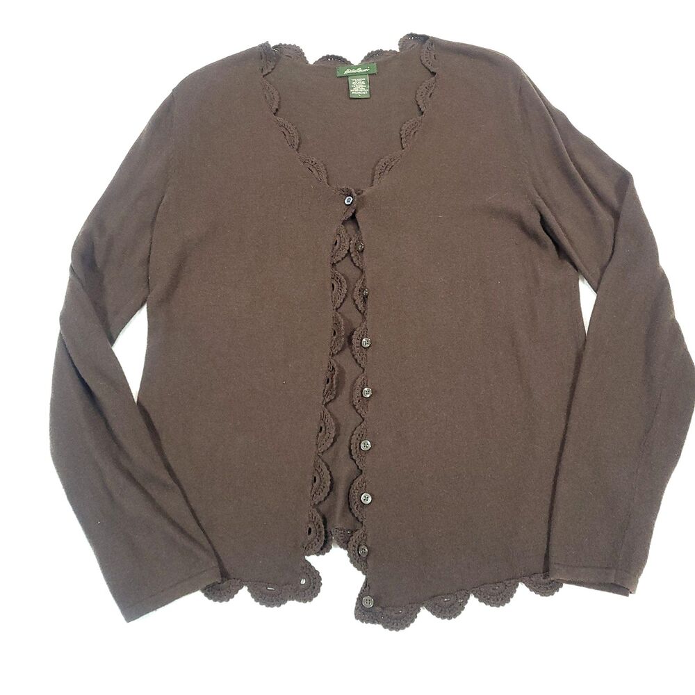 Wool Cashmere Y2K Cardigan Sweater Eddie Bauer L Brown Scallop Crochet cottage